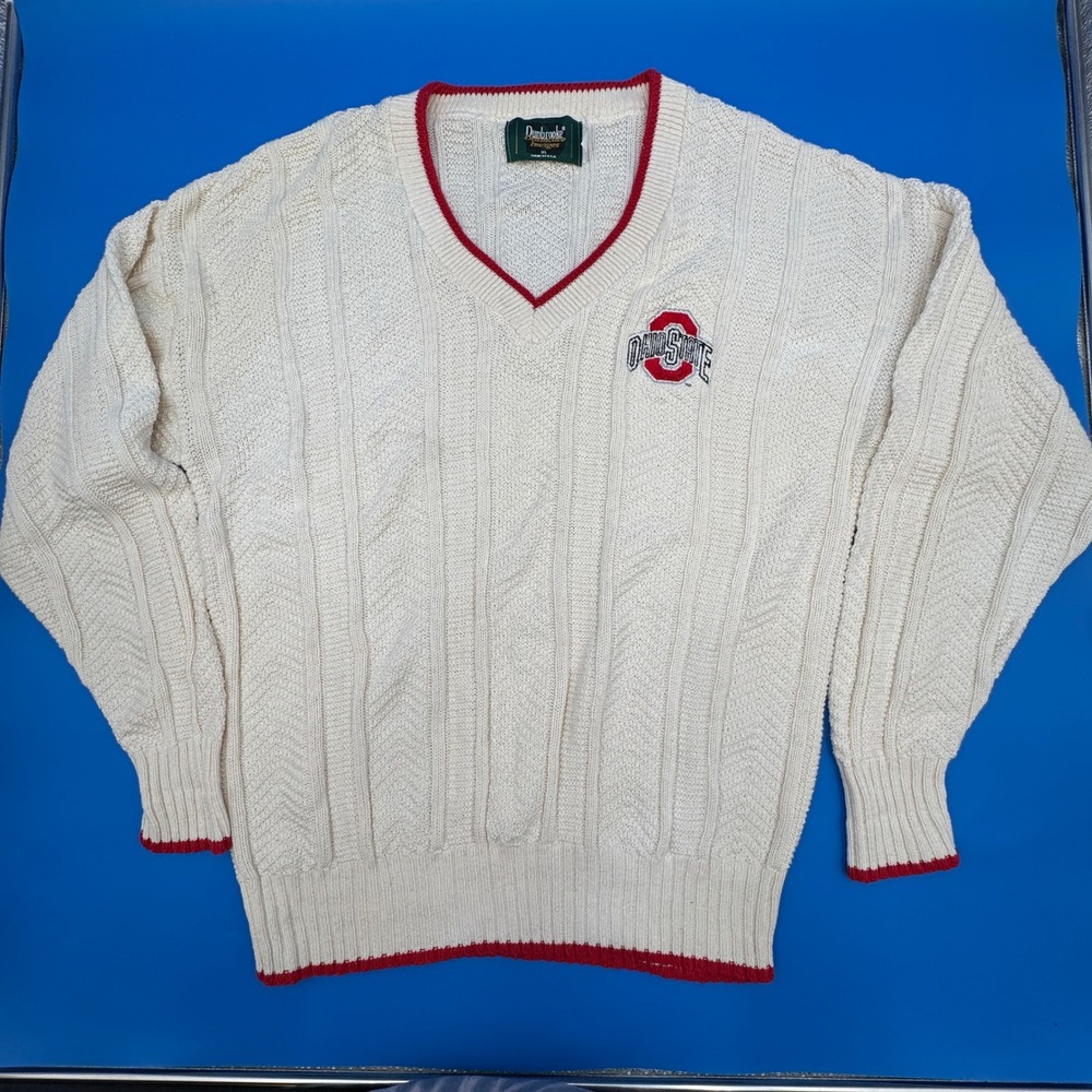 Vintage Dunbrooke Ohio State Buckeyes V-Neck Cable Knit Sweater Mens XL Cream